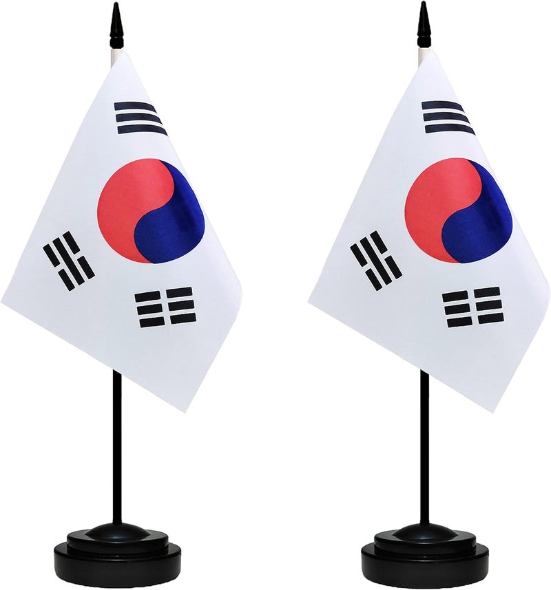tibijoy South Korea Korean Deluxe Desk Flag Set Small Mini Miniature South Korea Korean Table Desktop Flags With Solid Pole, Black Base and Spear Top(2 Pack) - Image 1